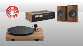 NAD streaming amp, Pro-Ject Debut Evo 2 turnable and KEF Q3 Meta speakers against grey background