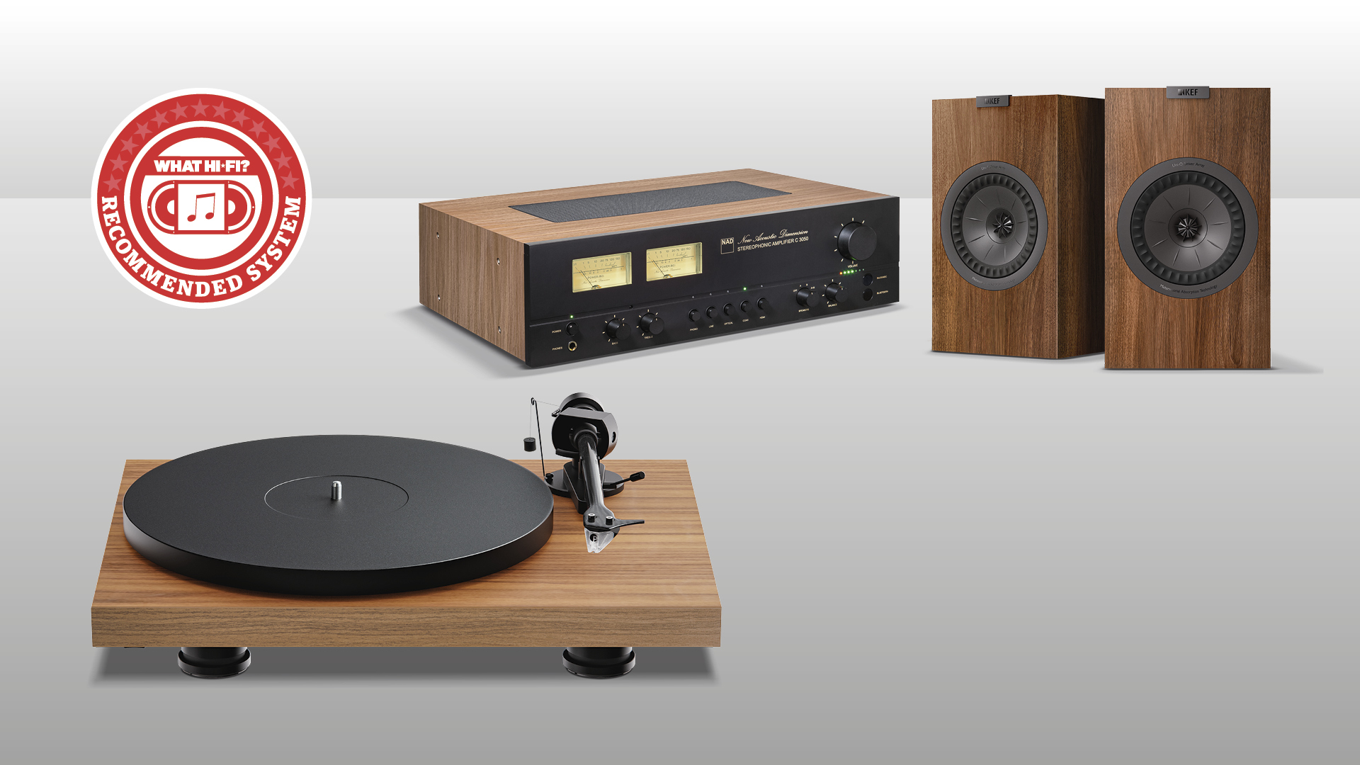 NAD streaming amp, Pro-Ject Debut Evo 2 turnable and KEF Q3 Meta speakers against grey background