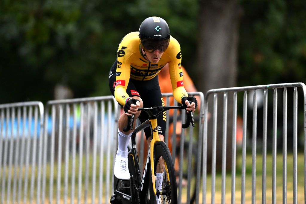 ADELAIDE AUSTRALIA JANUARY 17 Rohan Dennis of Australia and Team JumboVisma sprints during the 23rd Santos Tour Down Under 2023 Prologue a 55km individual time trial stage from River Torrens Karrawirra Parri Adelaide CBD to River Torrens Karrawirra Parri Adelaide CBD TourDownUnder WorldTour on January 17 2023 in Adelaide Australia Photo by Tim de WaeleGetty Images