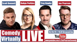 Four comedians in promo poster for Comedy Virtual Live