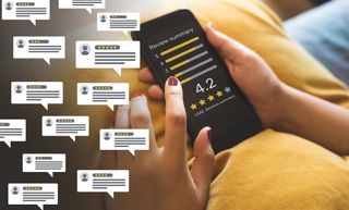 Consumer reviews concepts with bubble people review comments and smartphone. rating or feedback for evaluate. - stock photo