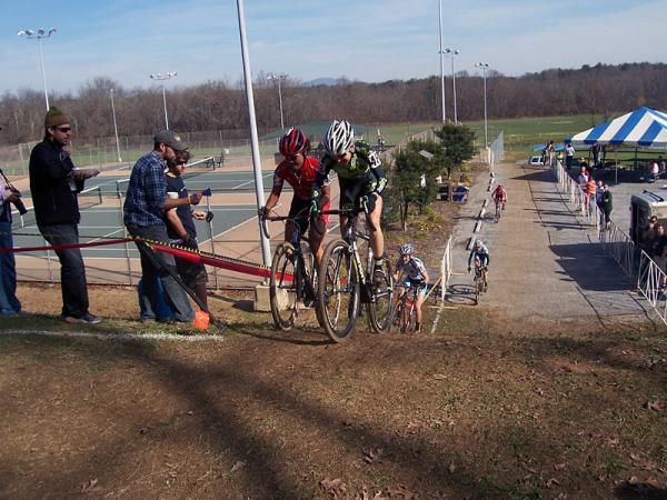 Linda Sone (Planet Bike), left, and Elizabeth Frye (Boone Velo) crest the "wall".