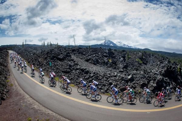 The men get strung out through the lava fields.