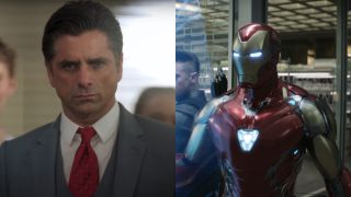 John Stamos looking determined in a three piece suit in Big Shot and Iron Man standing ready for battle in Avengers: Endgame, pictured side-by-side