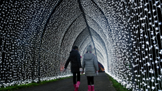 Two young children walking through illuminated festive display