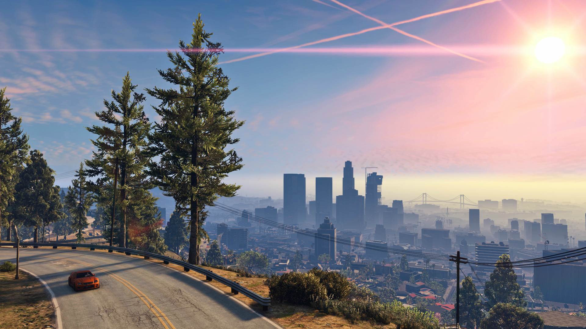 Aurinko laskee kaupungin taakse GTA 5 -pelissä.
