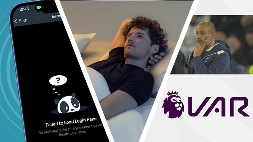 A phone on a blue background showing an outage on the Canvas app, next to a man lying on an Eight Sleep mattress, and a Sky Sports screenshot from a VAR decision