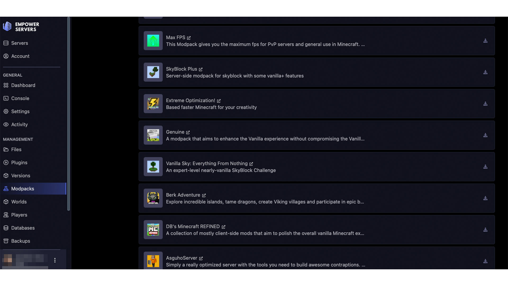 The Empower dashboard showing all plugins available to install.