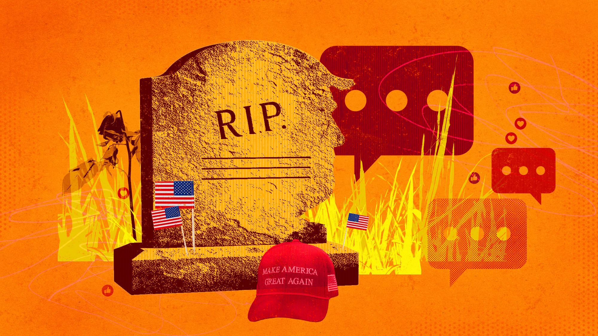 Illustration of a MAGA hat and Trump-shaped headstone