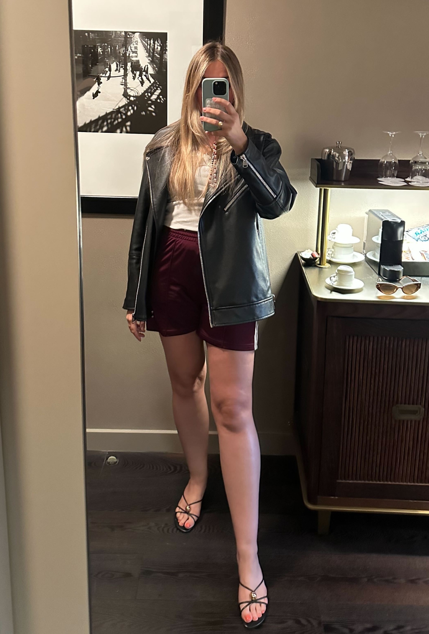 @shannonlawlor wearing a leather jacket outfit.