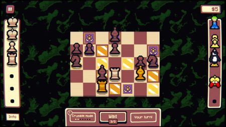 Screenshot from Gambonanza showing a small, digital chess board with tiles covered in different tiles and UI elements hugging each side of the screen.