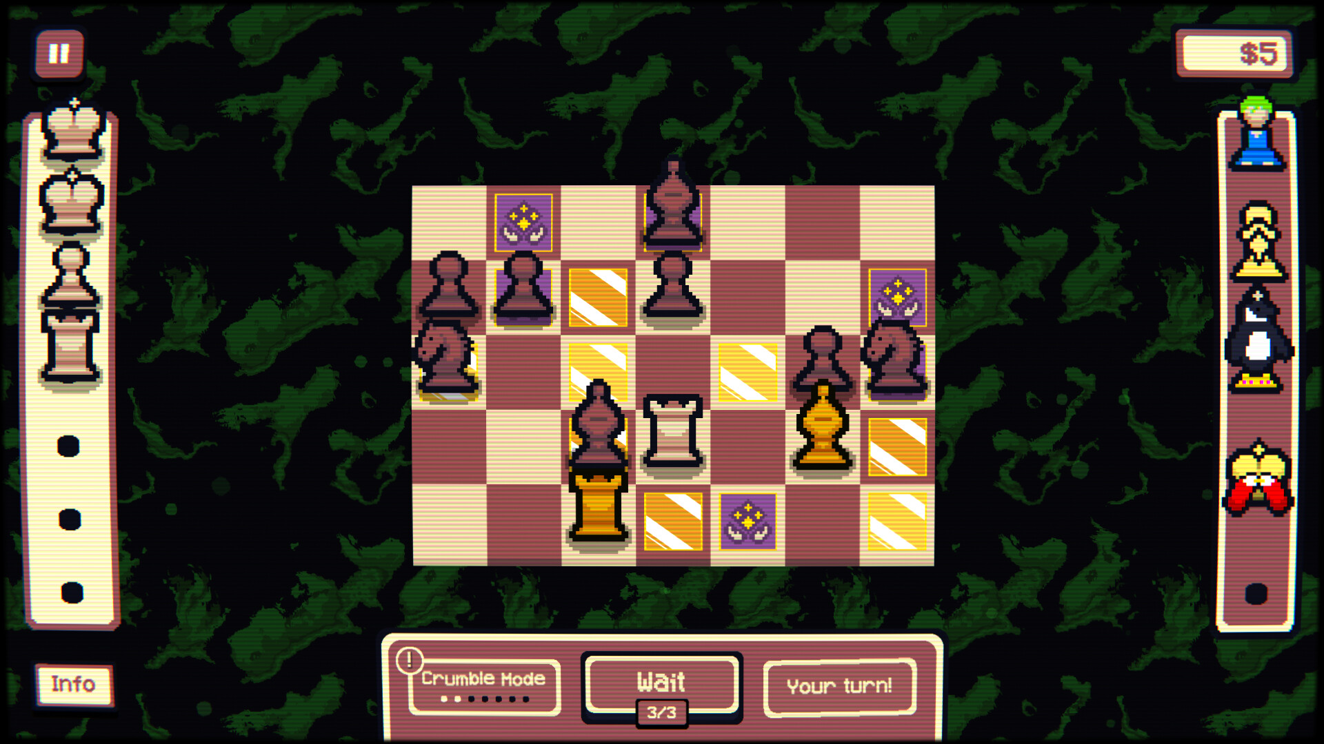 Screenshot from Gambonanza showing a small, digital chess board with tiles covered in different tiles and UI elements hugging each side of the screen.
