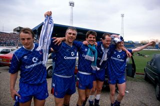 Football League Division Two - Chelsea v Leeds United - Chelsea players John Bumstead, Graham Roberts, Kevin Wilson, Peter Nicholas and Kevin McAllister celebrate promotion to Division One - (Photo by Mark Leech/Offside/Getty Images).