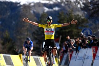 COL DE LA COUILLOLE FRANCE MARCH 11 Tadej Pogacar of Slovenia and UAE Team Emirates Yellow Leader Jersey celebrates at finish line as stage winner during the 81st Paris Nice 2023 Stage 7 a 1429km stage from Nice to La Col de la Couillole 1676m UCIWT ParisNice on March 11 2023 in La Col de la Couillole France Photo by Alex BroadwayGetty Images