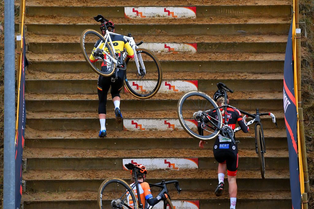 ZOLDER BELGIUM DECEMBER 26 Sanne Cant of Belgium and Team Iko Crelan Inge Van Der Heijden of The Netherland and Team 777 Landscape during the 16th HeusdenZolder World Cup 2020 Women Elite CX SPHeusdenZolder SuperprestigeCX Cyclocross on December 26 2020 in Zolder Belgium Photo by Luc ClaessenGetty Images