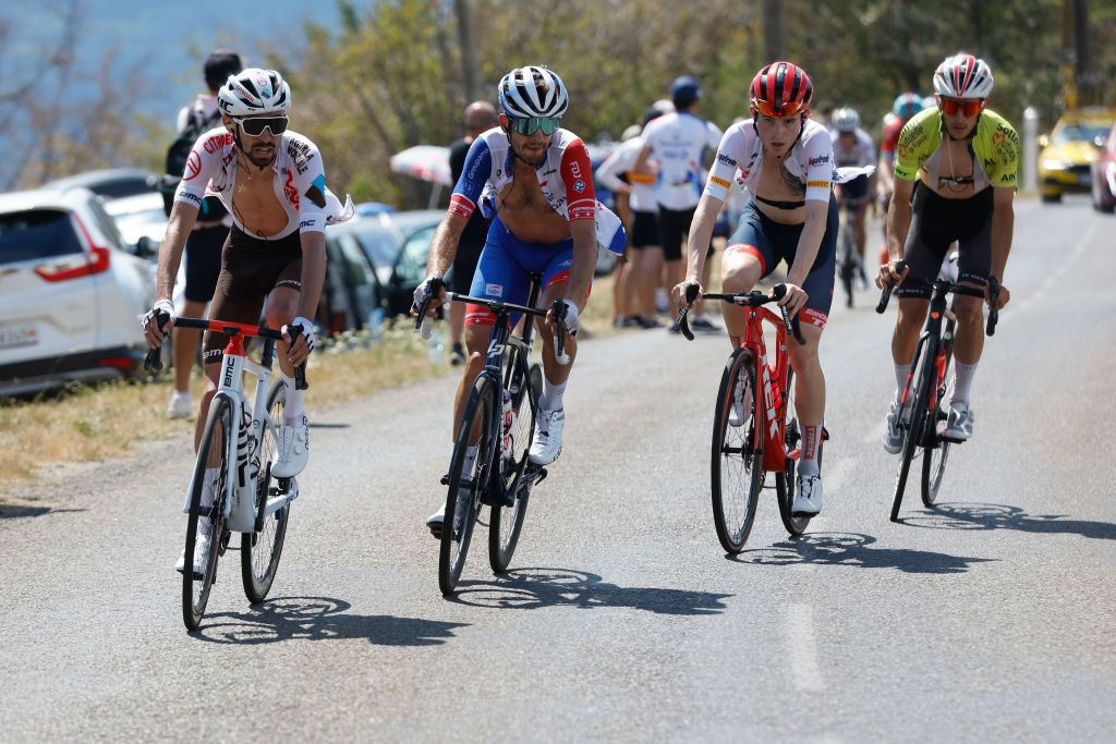 LLEX FRANCE AUGUST 11 Valentin ParetPeintre of France and Ag2R Citroen Team and Sbastien Reichenbach of Switzerland and Team Groupama FDJ compete in the chase group during the 34th Tour de lAin 2022 Stage 3 a 131km stage from Plateau dHauteville to Llex 904m TDA22 on August 11 2022 in Llex France Photo by Bas CzerwinskiGetty Images