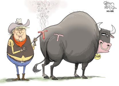 Political Cartoon U.S. Trump Dow Jones Wall Street Bull