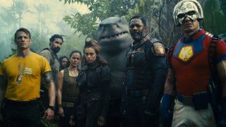 Members of The Suicide Squad looking back at an off-camera Polka Dot Man in their 2021 DC comic book movie