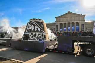 A twice-flown SpaceX Dragon cargo capsule arrives at the Museum of Science and Industry in Chicago, Illinois for its permanent display on Thursday, Dec. 1, 2022.