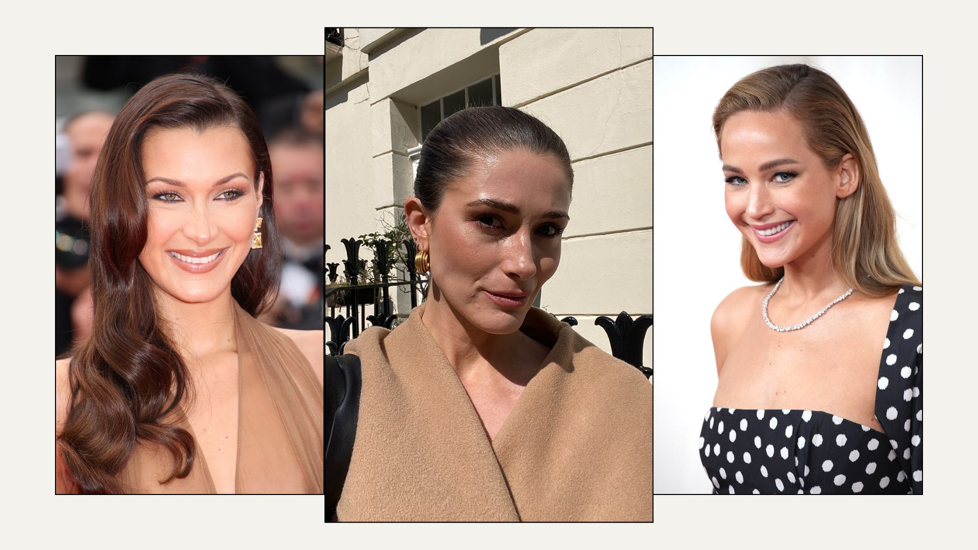 A graphic with pictures of Bella Hadid, Eleanor Vousden and Jennifer Lawrence all wearing eye makeup for hooded eyes