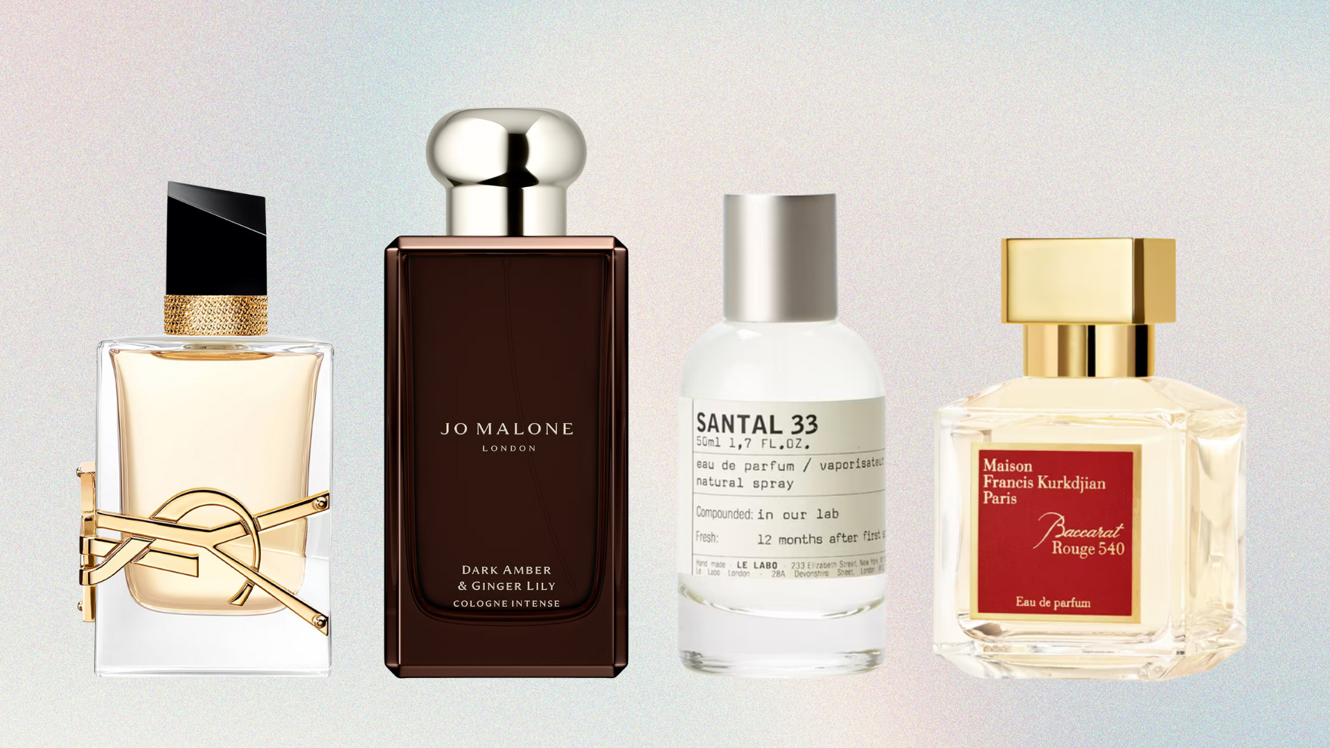 Collage of four of the best long lasting perfumes for women featured in this guide from (left to right) YSL, Jo Malone, Le Labo and Maison Francis Kurkdjian, set against a pastel blue and pink ombre-style background