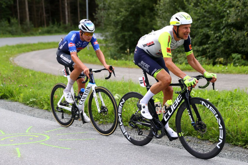 SKALLSTUGGU NORWAY AUGUST 13 LR Maurice Ballerstedt of Germany and Team AlpecinDeceuninck and Taco Van Der Hoorn of Netherlands and Team Intermarch Wanty Gobert Matriaux compete in the breakaway during the 9th Arctic Race Of Norway 2022 Stage 3 a 1777km stage from Namsos to Skallstuggu 474m ArcticRace on August 13 2022 in Skallstuggu Norway Photo by Michael SteeleGetty Images