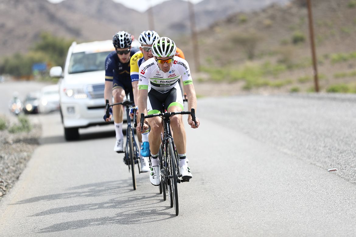 Pierre Luc Perichon (Fortuneo-Samsic) leads the break at the Tour of Oman.