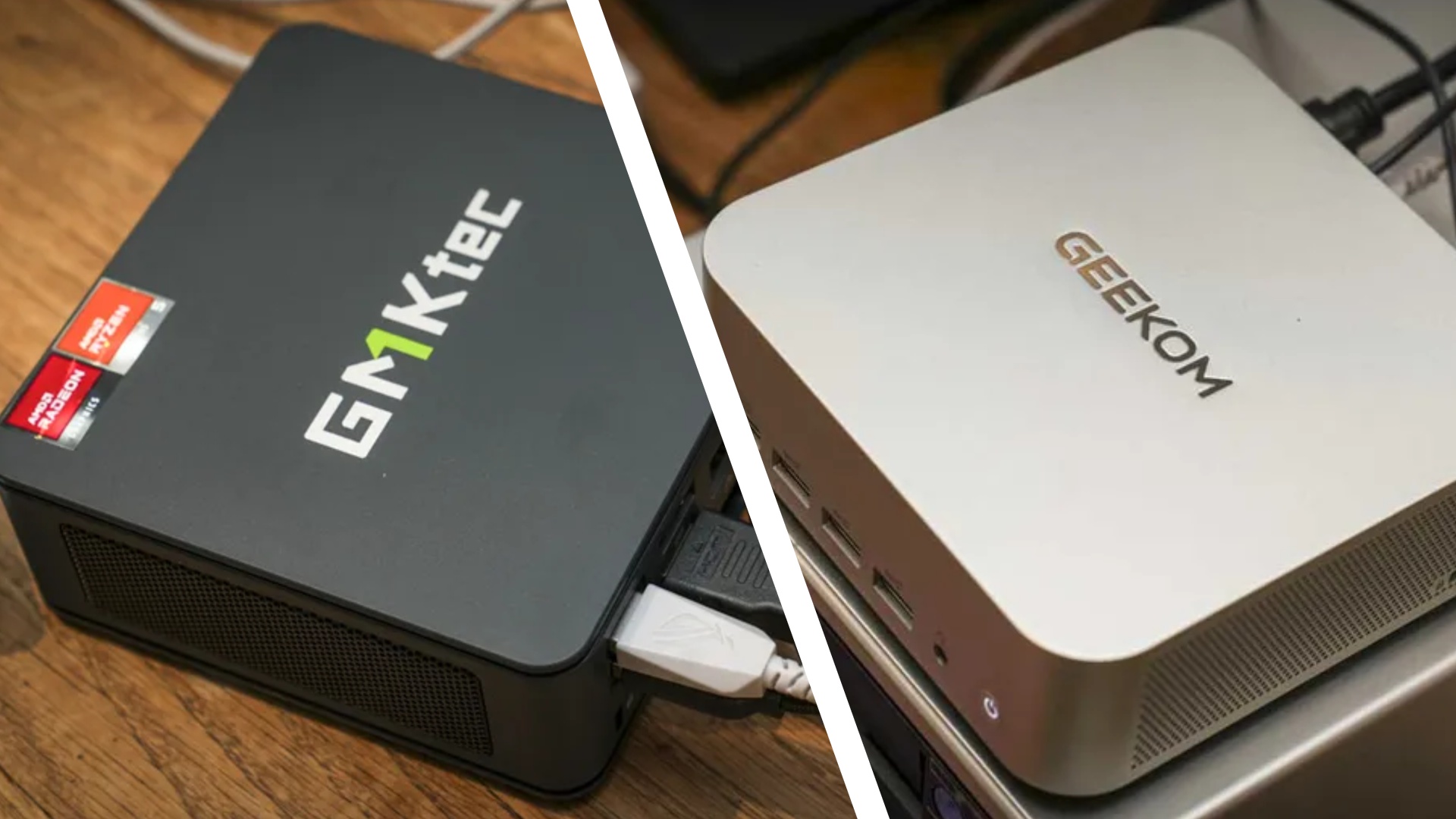 A GMKtec and Geekom mini PC in a home office during our tests