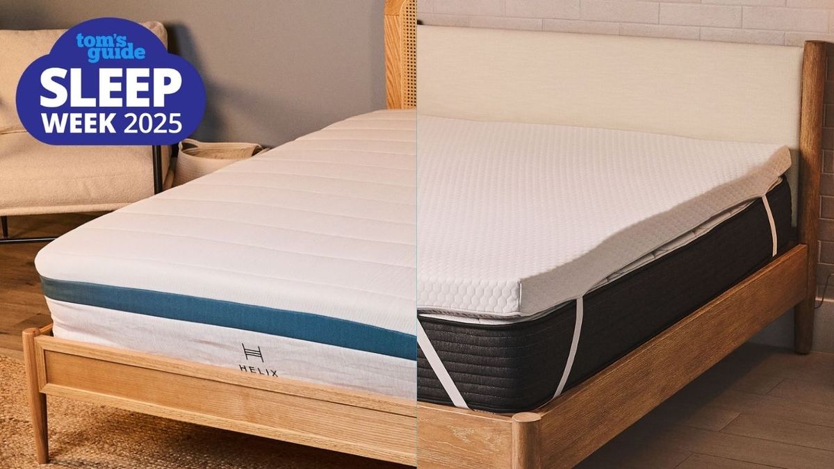 A comparison photo showing a Helix mattress directly next to a Helix mattress topper