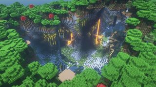 Minecraft seeds - an exposed lush cave system in a dark forest