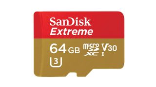 A SanDisk Extreme 64GB microSDXC Memory Card, which is red and gold, on a white background