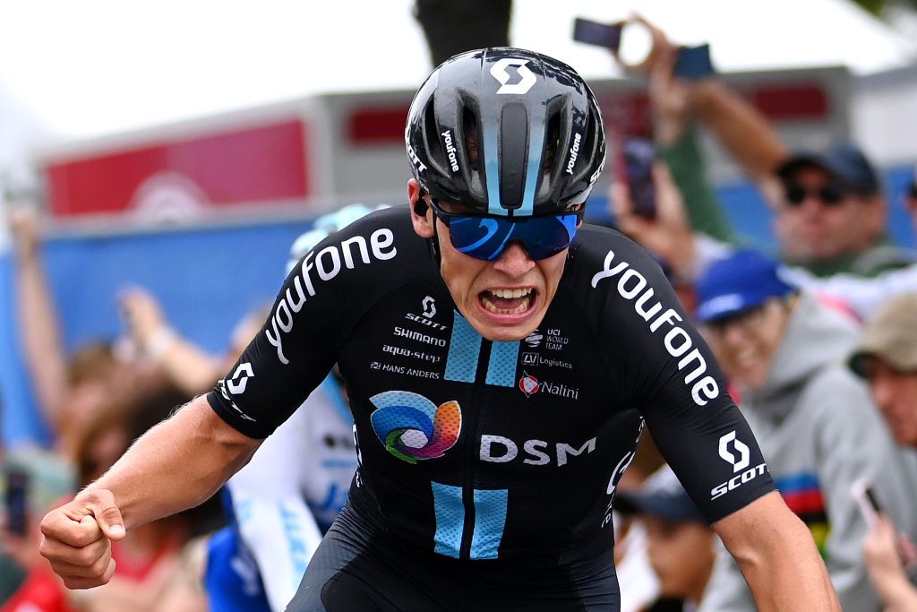 GEELONG AUSTRALIA JANUARY 29 Marius Mayrhofer of Germany and Team DSM celebrates at finish line as race winner during the 7th Cadel Evans Great Ocean Road Race 2023 Mens Elite a 1743km one day race from Geelong to Geelong CadelRoadRace on January 29 2023 in Geelong Australia Photo by Tim de WaeleGetty Images