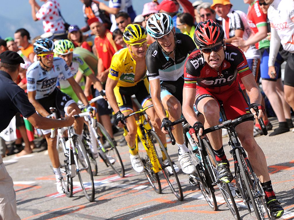 Cadel Evans leads the group during the Tour de France