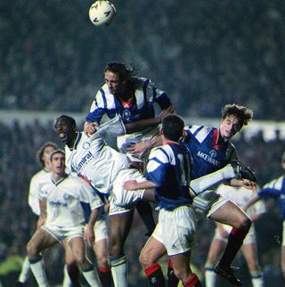 Rangers’ Mark Hateley rises above Leeds' Chris Whyte in their Champions League clash