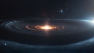 an explosion of light surrounded by ripples of light on a starry background