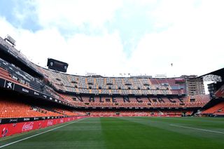 General view inside the stadium prior to the La Liga Santander match between Valencia CF and Real Valladolid CF at Estadio Mestalla on May 09, 2021 in Valencia, Spain. Sporting stadiums around Spain remain under strict restrictions due to the Coronavirus Pandemic as Government social distancing laws prohibit fans inside venues resulting in games being played behind closed doors.