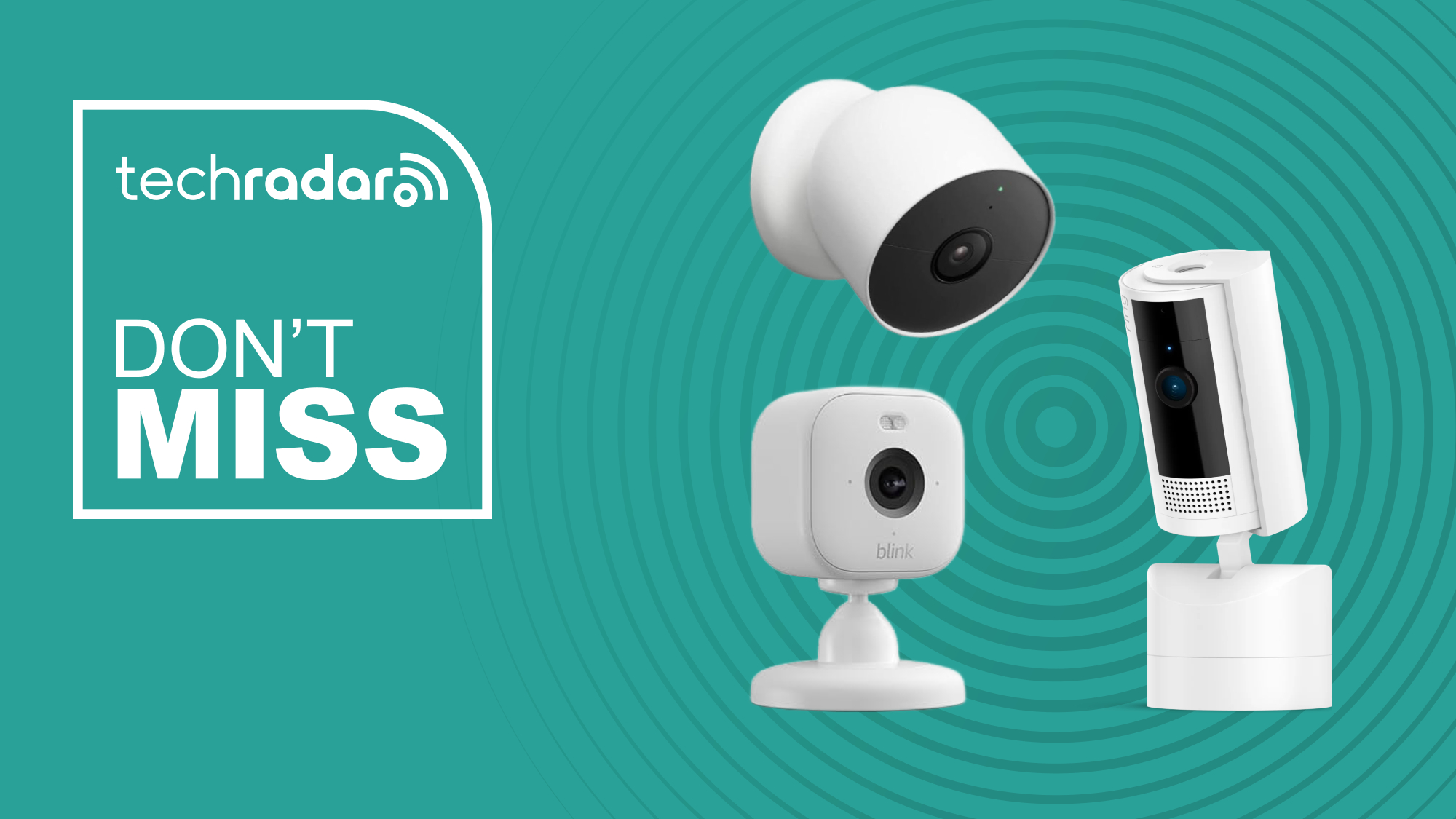 A selection of home security cameras are pictured next to a badge that reads "TechRadar, Don't miss".