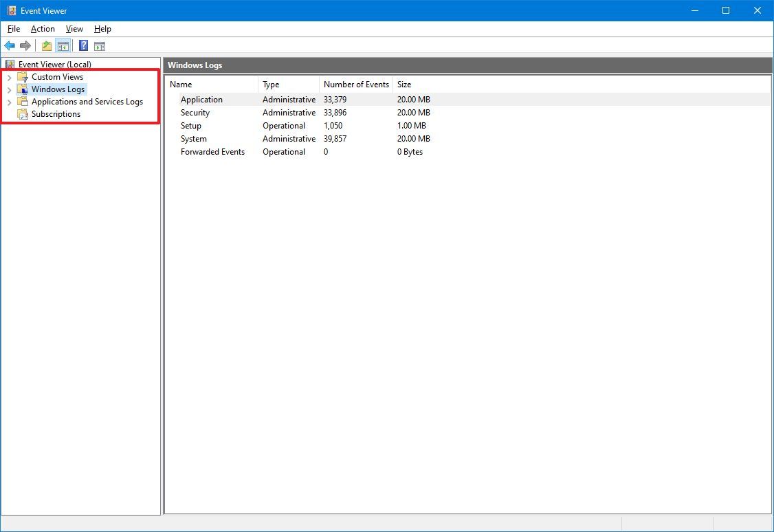 Event Viewer sections