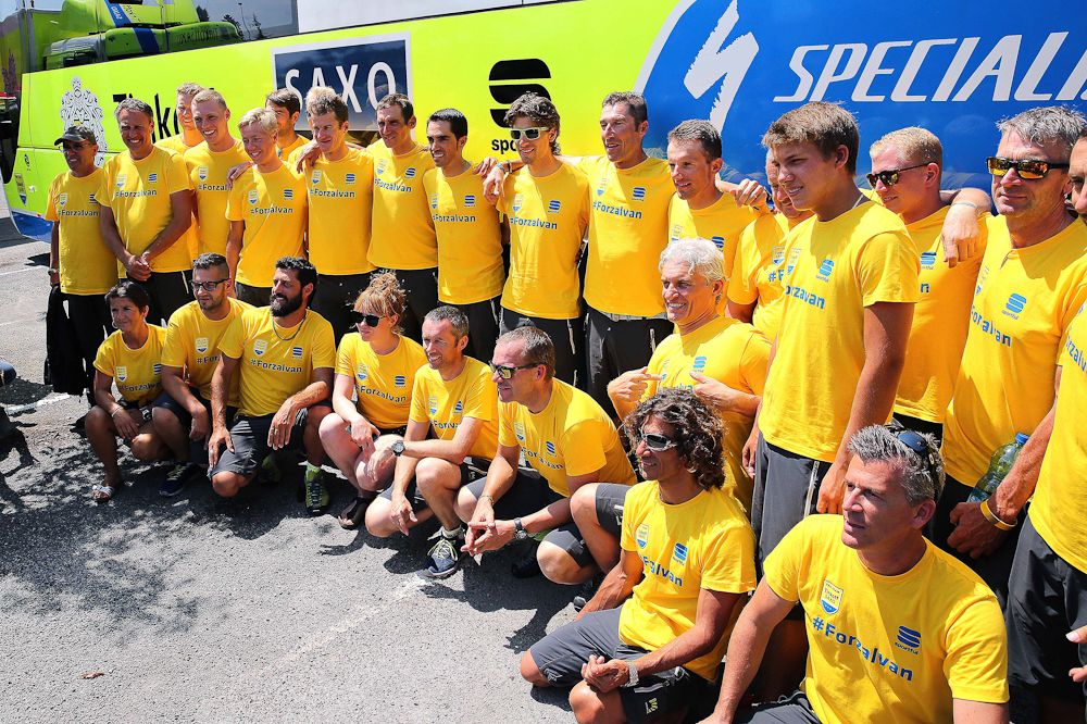 The Tinkoff-Saxo riders and staff pose for a photo during the second rest day.