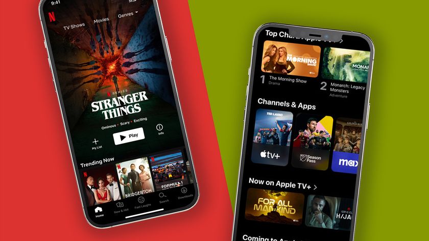 Two phones side by side with the Netflix and Apple TV Plus apps displayed