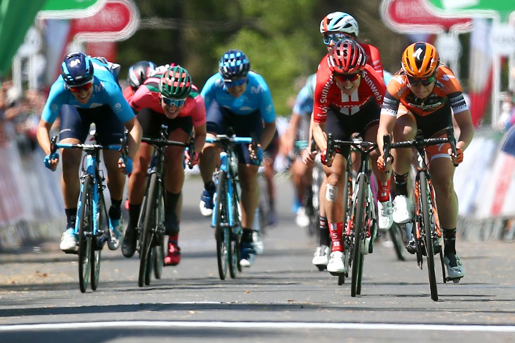 The sprinters bear down on the line during the final stage of the Women's Tour