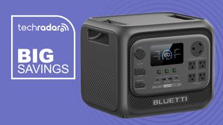 A Bluetti Elite 300 on a purple background next to a TechRadar badge that reads 'Big Savings'
