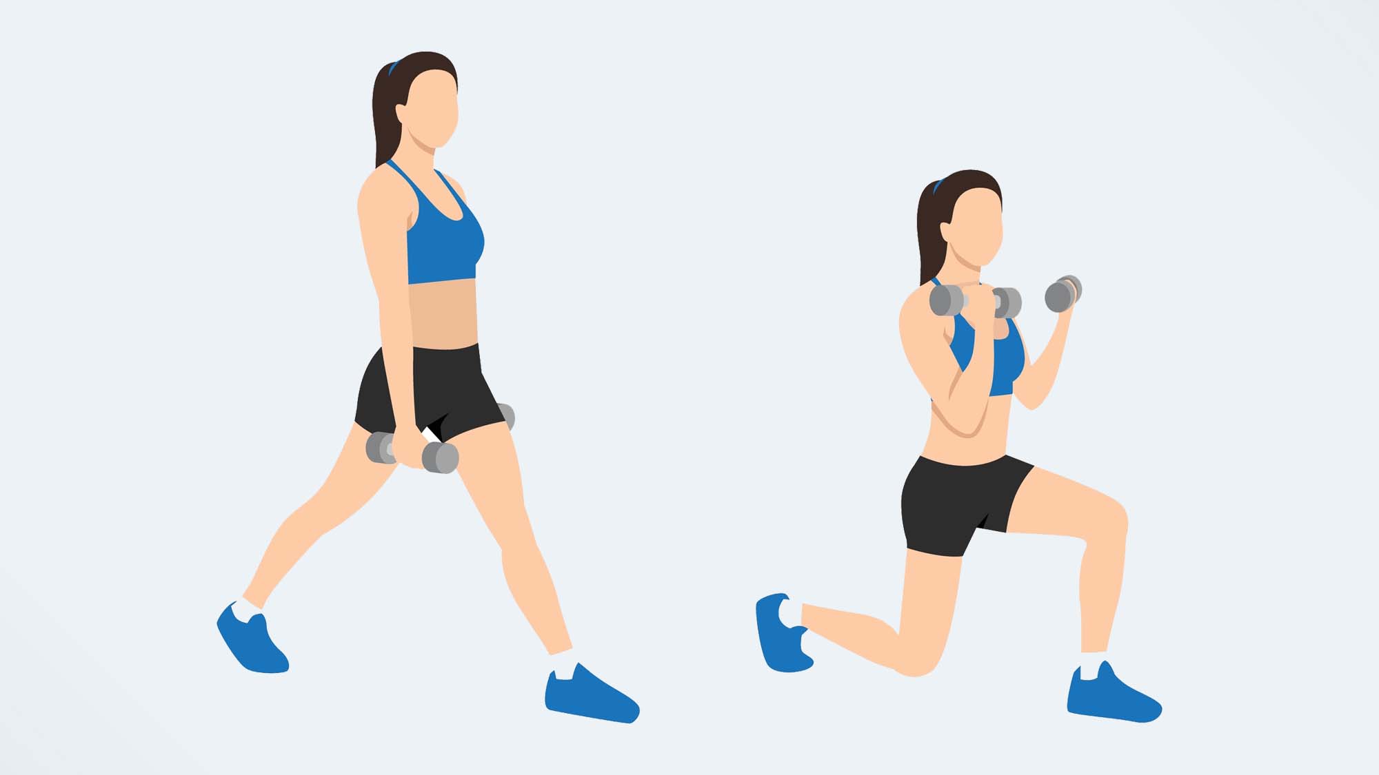 an illo of a woman doing a dumbbell lunge and curl