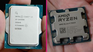 An intel core i9-14900K and amd ryzen 9 7950x side-by-side