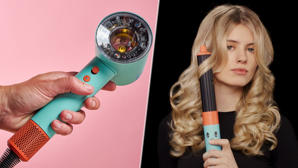 Hand holding a Dyson Supersonic Nural hair dryer (left) and a woman curling her hair with the Airwrap (right)