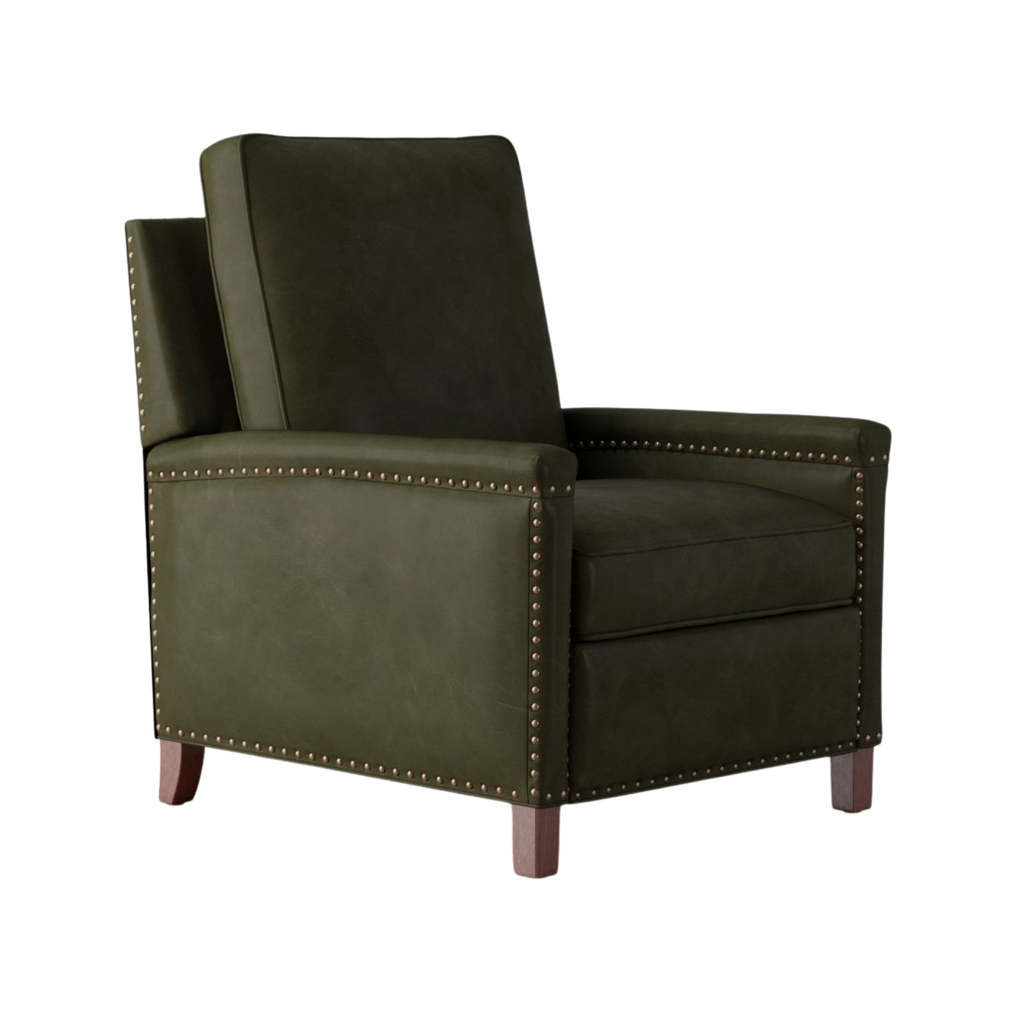 a green leather accent chair with studded details