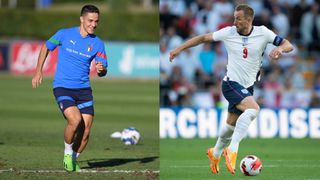 Composite image of Harry Kane and Giacomo Raspadori ahead of Italy vs England in the Nations League 2022