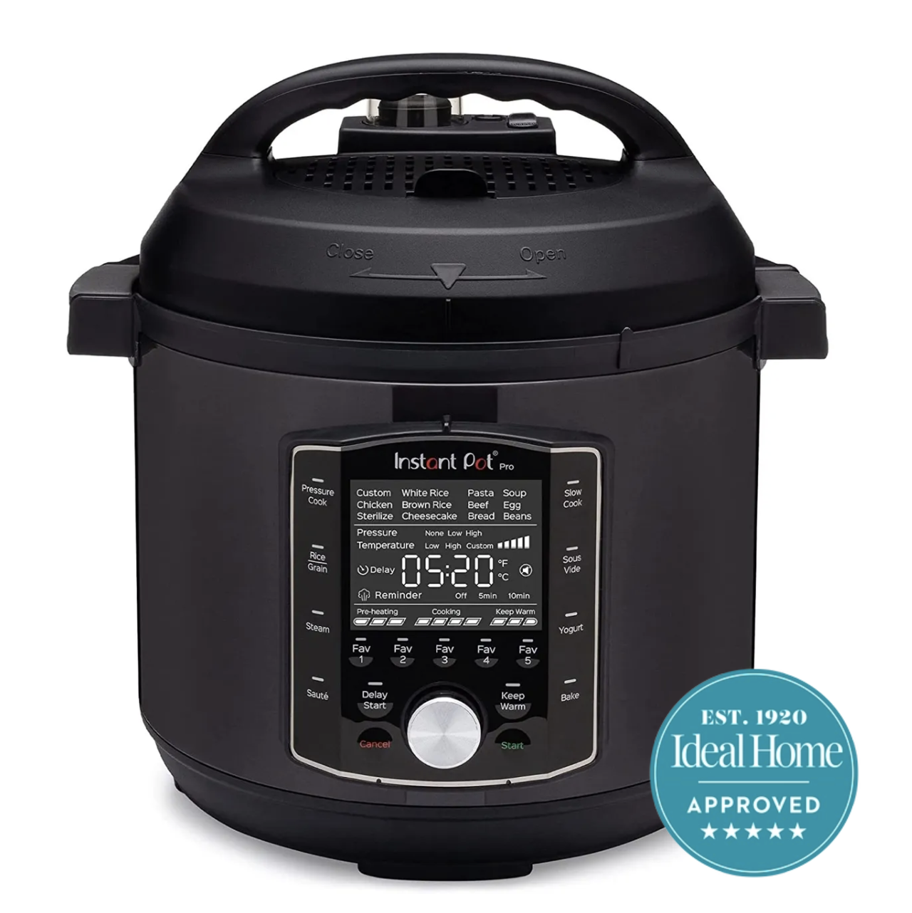 A black Instant Pot multi cooker on a white background with a 5 star Ideal Home approved badge