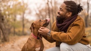 Man stroking dog outside