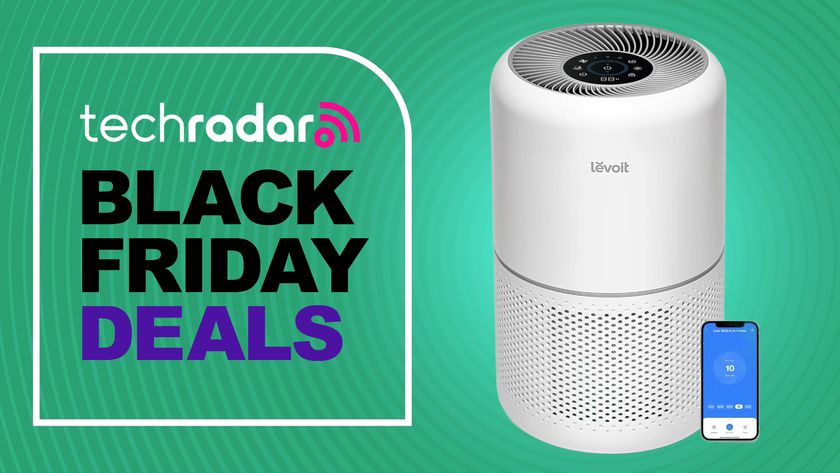 The Levoit 300S air purifier is pictured next to text that reads: Tech Radar Black Friday deals.